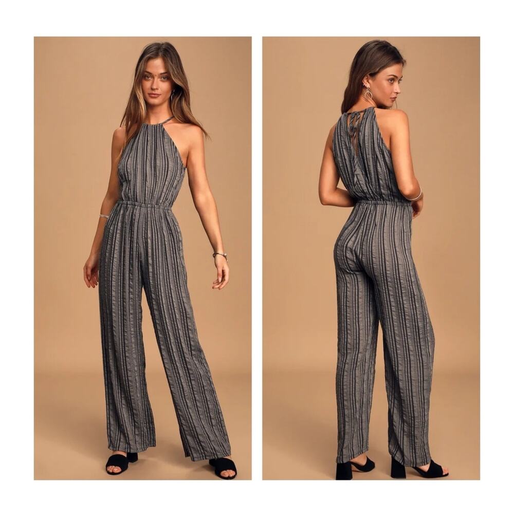 Lulu's Destination Vacay Grey Striped Halter Wide-Leg Jumpsuit small